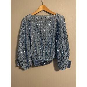 Vintage St. Martin Sweater Womens Medium Blue Sequin Beaded Batwing Top 80s Glam